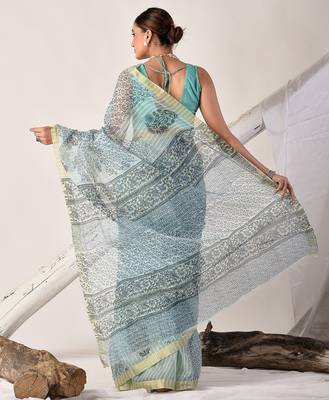 Turquoise blue block printed pure kota doria floral  saree 2