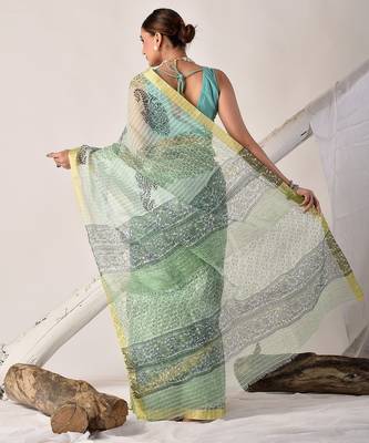 Green block printed pure kota doria floral  saree 2