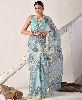 Turquoise blue block printed pure kota doria floral  saree 3