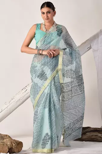 Turquoise blue block printed pure kota doria floral  saree