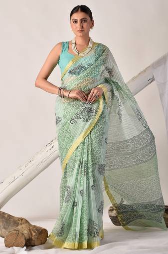 Green block printed pure kota doria floral  saree