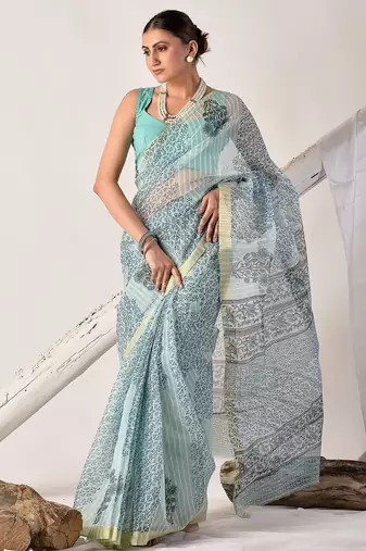 Turquoise blue block printed pure kota doria floral  saree