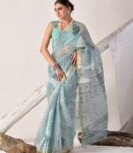Turquoise blue block printed pure kota doria floral  saree
