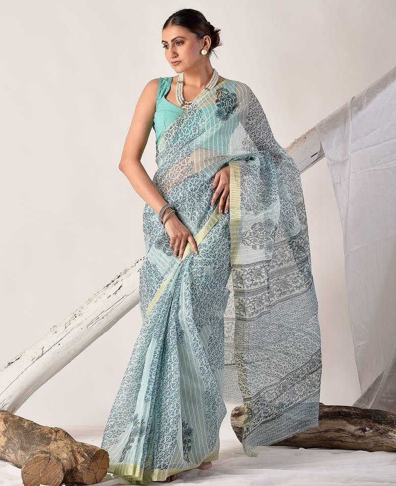 Turquoise blue block printed pure kota doria floral  saree