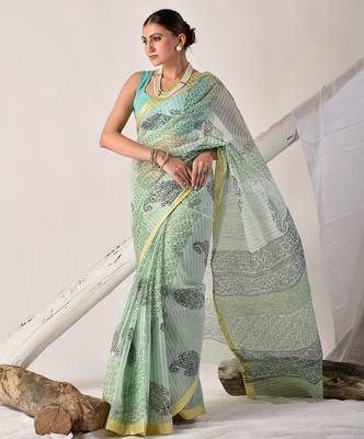Green block printed pure kota doria floral  saree 3