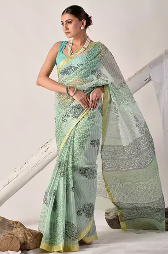 Green block printed pure kota doria floral  saree
