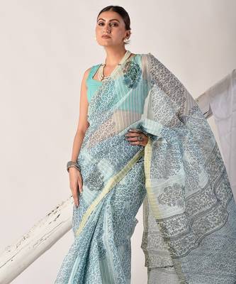Turquoise blue block printed pure kota doria floral  saree 4