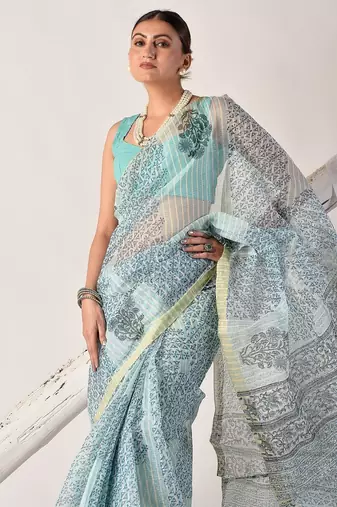 Turquoise blue block printed pure kota doria floral  saree