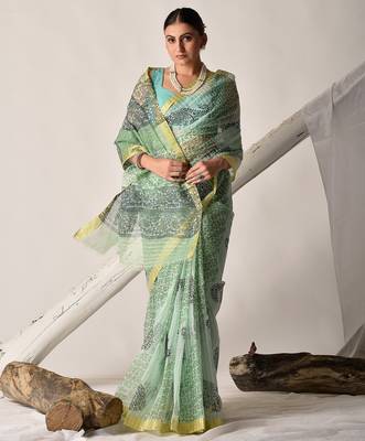 Green block printed pure kota doria floral  saree 5