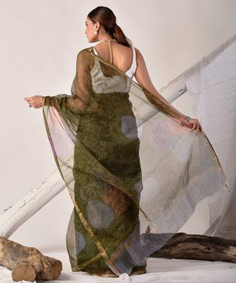 Forest green block printed pure kota doria saree 2