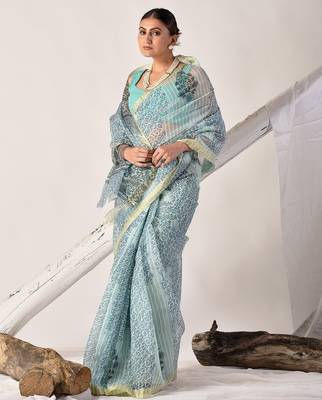 Turquoise blue block printed pure kota doria floral  saree 5