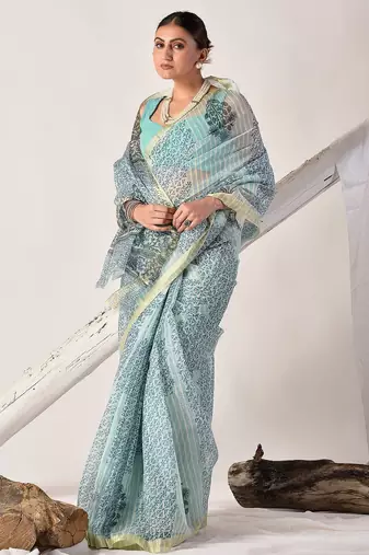 Turquoise blue block printed pure kota doria floral  saree