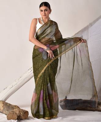 Forest green block printed pure kota doria saree 1