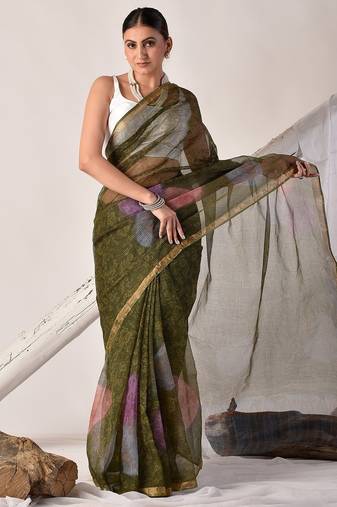 Forest green block printed pure kota doria saree