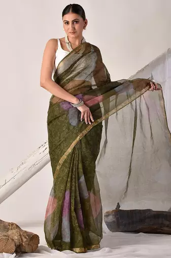 Forest green block printed pure kota doria saree