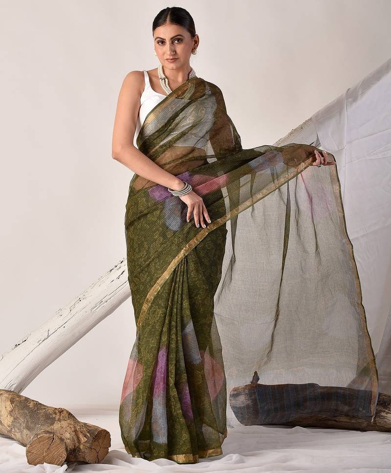 Forest green block printed pure kota doria saree