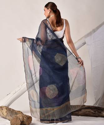 Indigo blue block printed pure kota doria saree 2