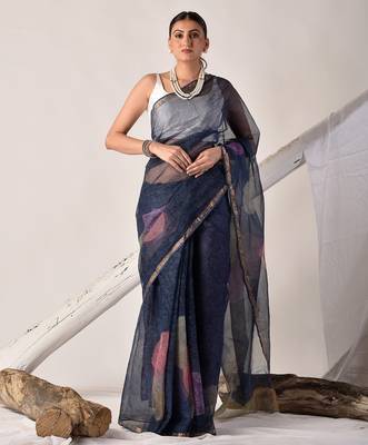 Indigo blue block printed pure kota doria saree 3