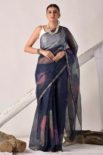 Indigo blue block printed pure kota doria saree