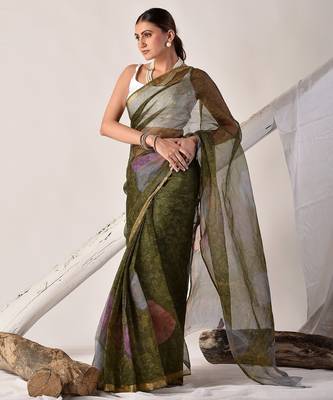 Forest green block printed pure kota doria saree 3