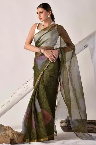 Forest green block printed pure kota doria saree