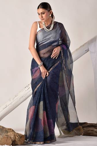 Indigo blue block printed pure kota doria saree