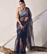 Indigo blue block printed pure kota doria saree