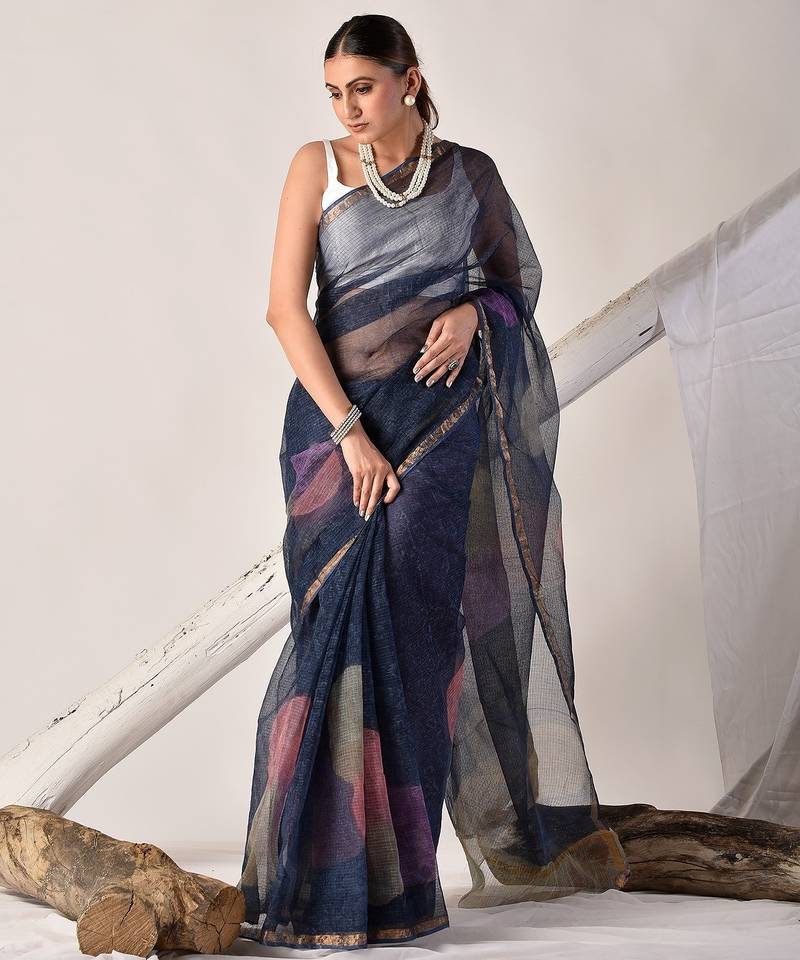 Indigo blue block printed pure kota doria saree