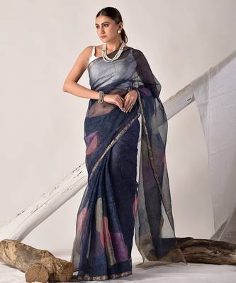 Indigo blue block printed pure kota doria saree 4
