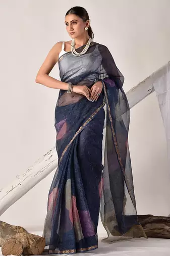 Indigo blue block printed pure kota doria saree