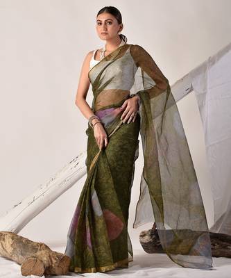 Forest green block printed pure kota doria saree 4