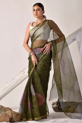 Forest green block printed pure kota doria saree
