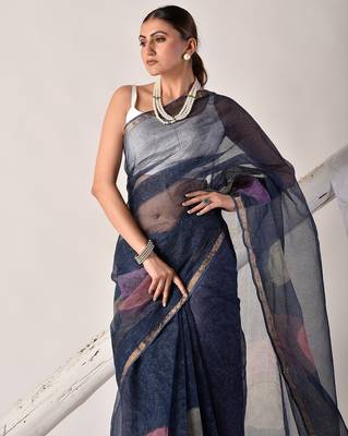 Indigo blue block printed pure kota doria saree 5