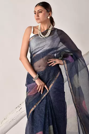 Indigo blue block printed pure kota doria saree