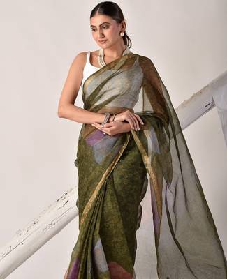 Forest green block printed pure kota doria saree 5
