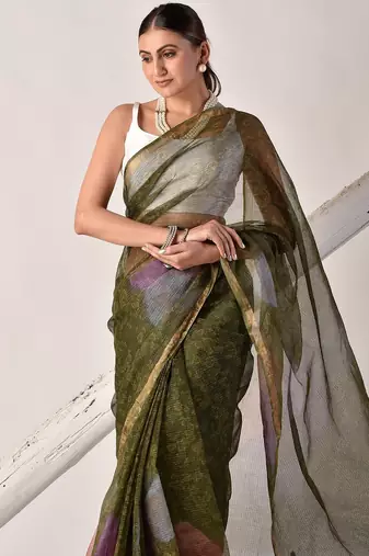 Forest green block printed pure kota doria saree