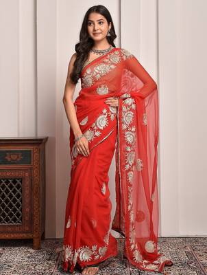Red party wear gota georgette saree with unstitched blouse piece 1