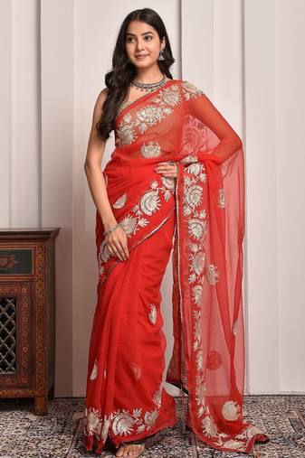 Red party wear gota georgette saree with unstitched blouse piece