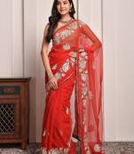 Red party wear gota georgette saree with unstitched blouse piece