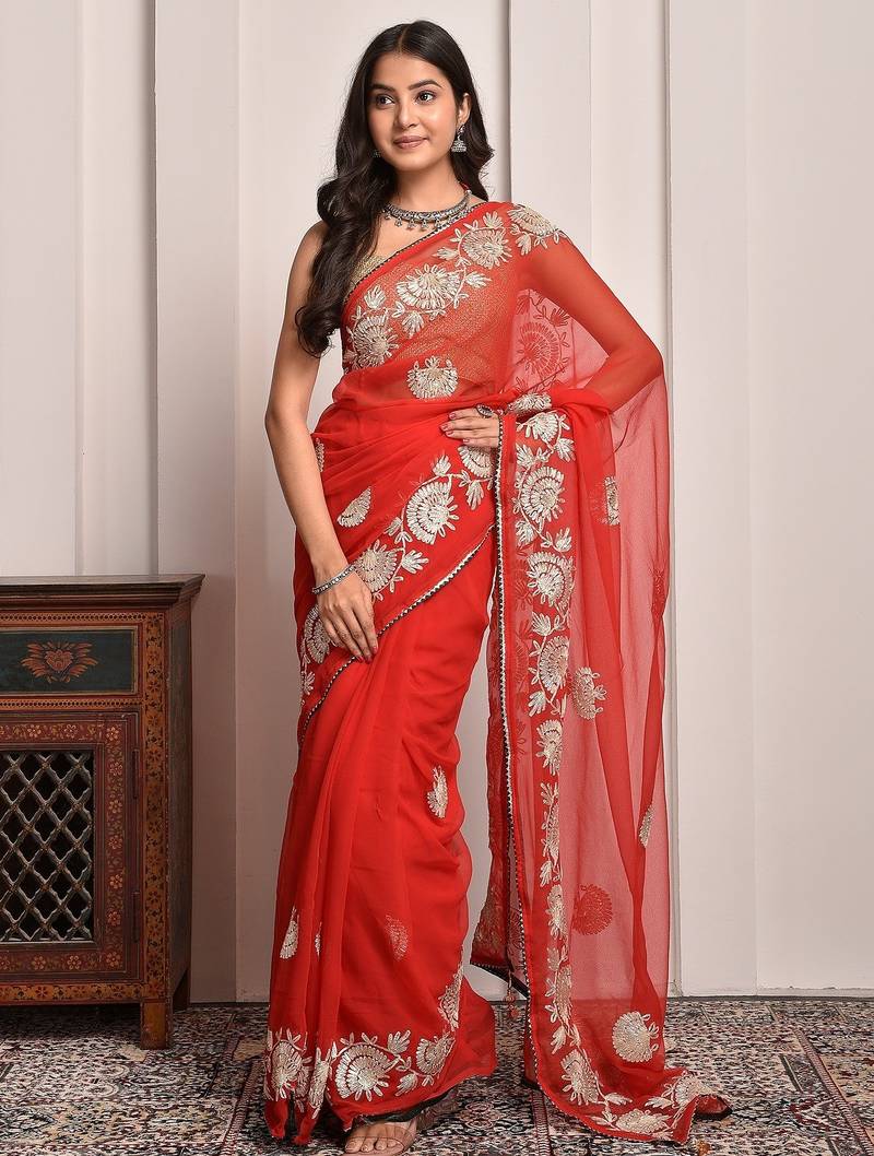 Red party wear gota georgette saree with unstitched blouse piece