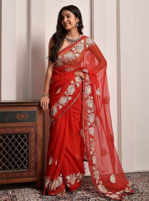 Red party wear gota georgette saree with unstitched blouse piece 2