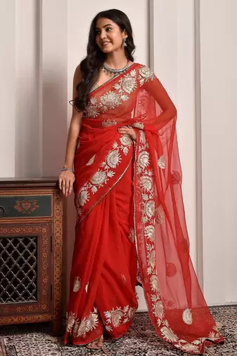Red party wear gota georgette saree with unstitched blouse piece
