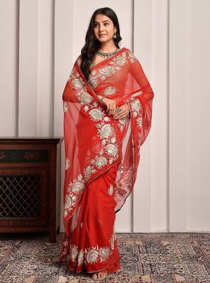 Red party wear gota georgette saree with unstitched blouse piece 3