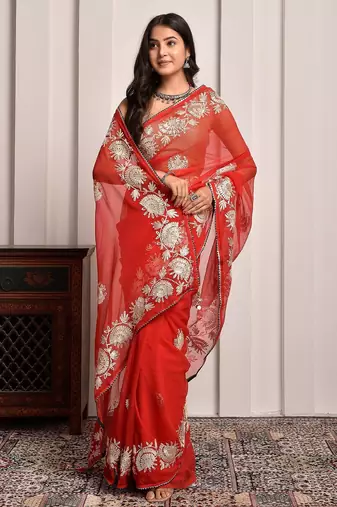 Red party wear gota georgette saree with unstitched blouse piece
