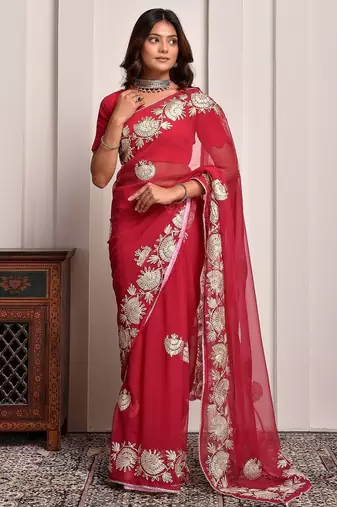 Pink lightweight gota work georgette saree with unstitched blouse piece