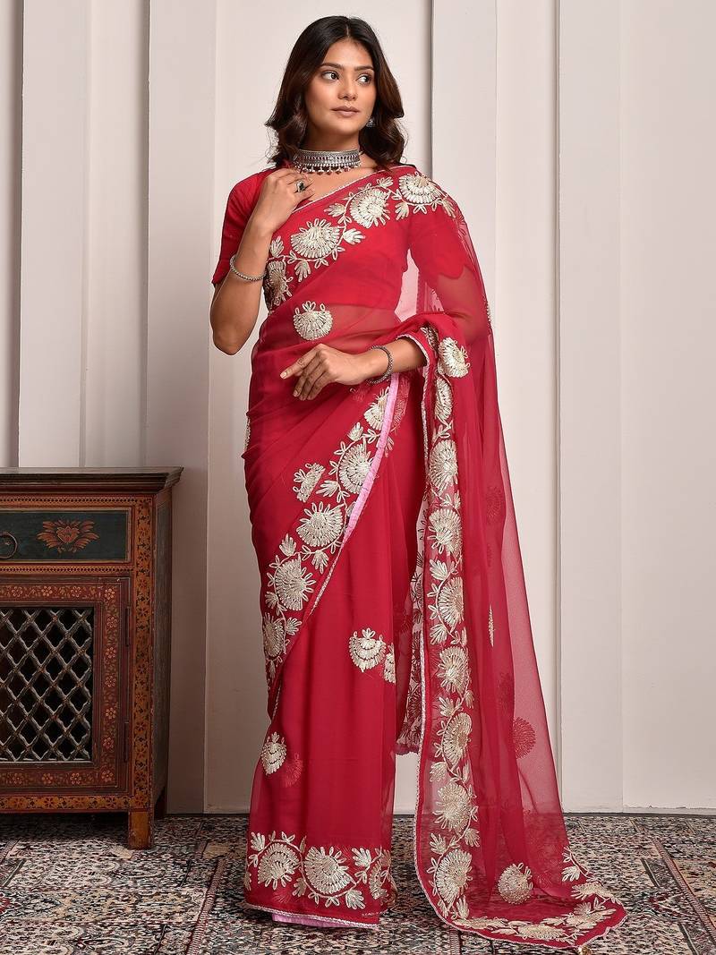 Pink lightweight gota work georgette saree with unstitched blouse piece
