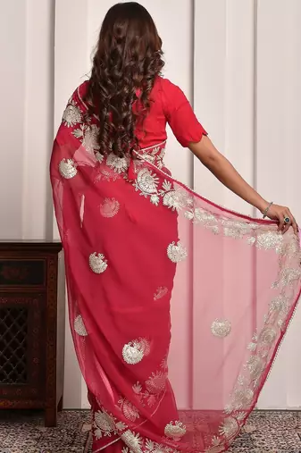 Pink lightweight gota work georgette saree with unstitched blouse piece