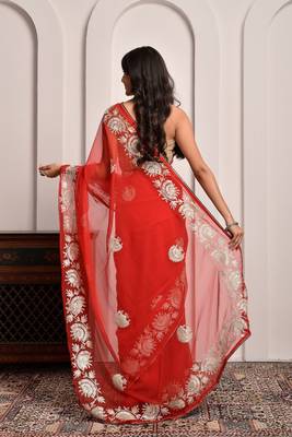 Red party wear gota georgette saree with unstitched blouse piece 5