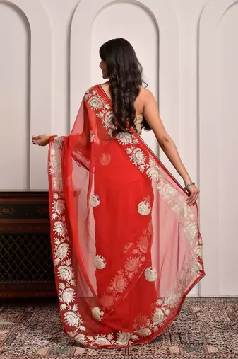 Red party wear gota georgette saree with unstitched blouse piece