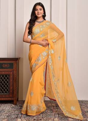 Yellow traditional gota work georgette saree with unstitched blouse piece 1